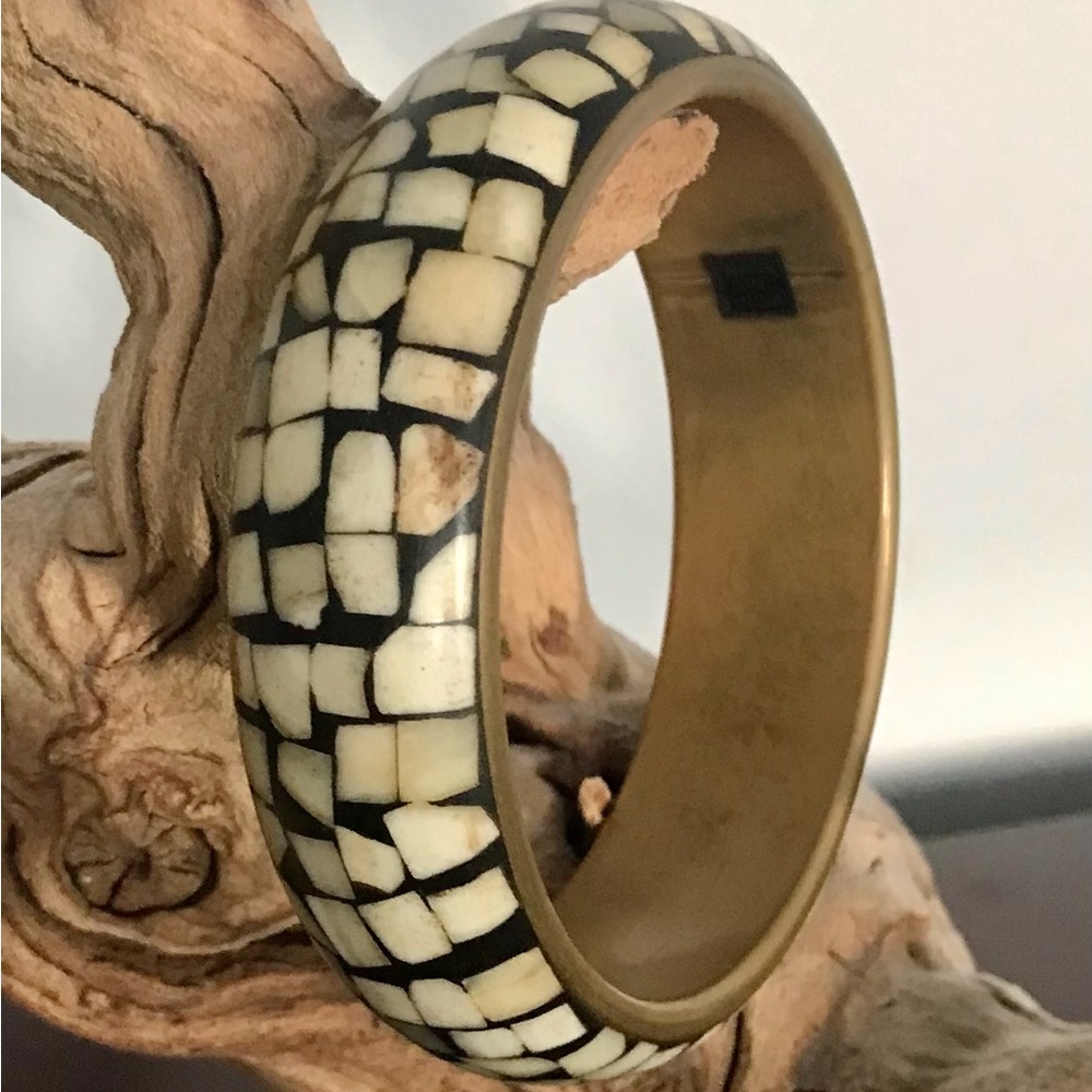 Mosaic Inlay Brass Bone Wide Bangle Bracelet India Earthy Boho Natural Festival